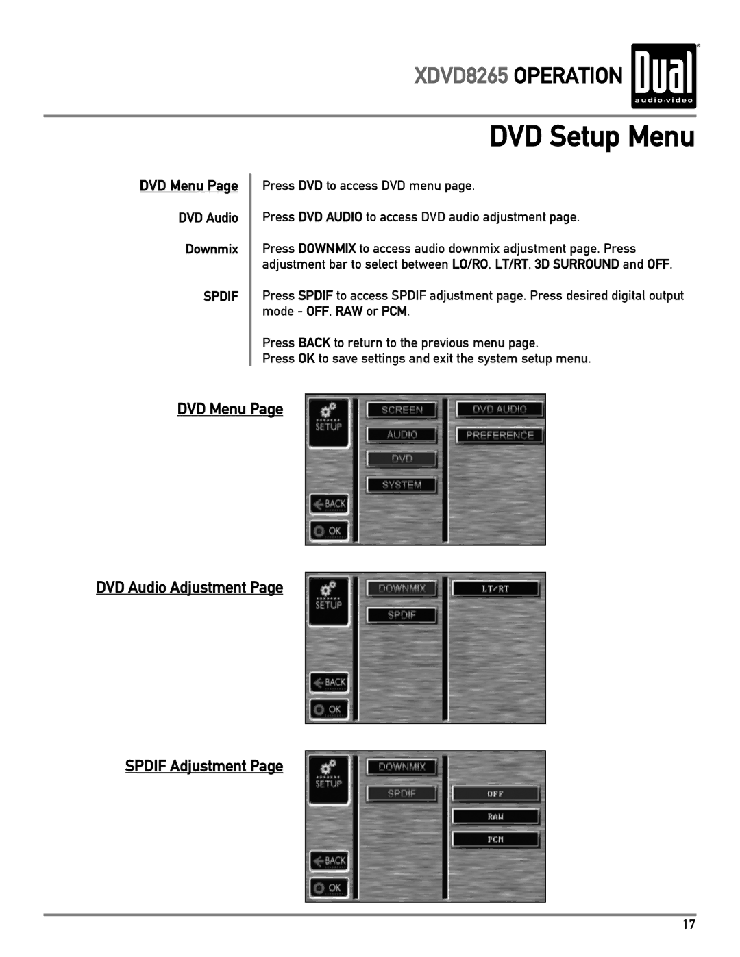 Dual XDVD8265 owner manual DVD Setup Menu, DVD Audio Downmix 