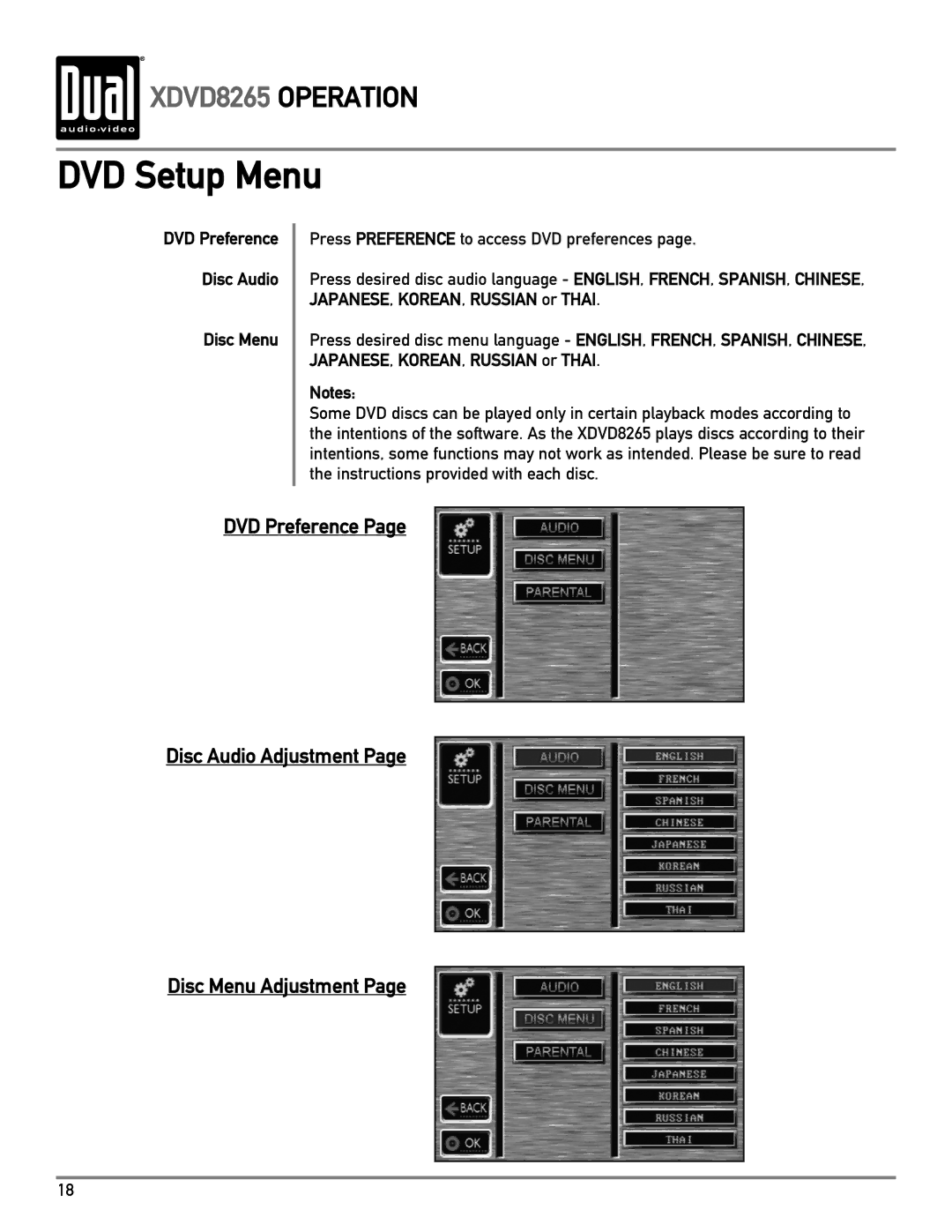 Dual XDVD8265 owner manual Disc Menu 