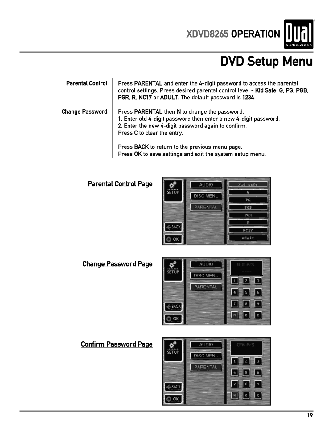 Dual XDVD8265 owner manual Parental Control Change Password 