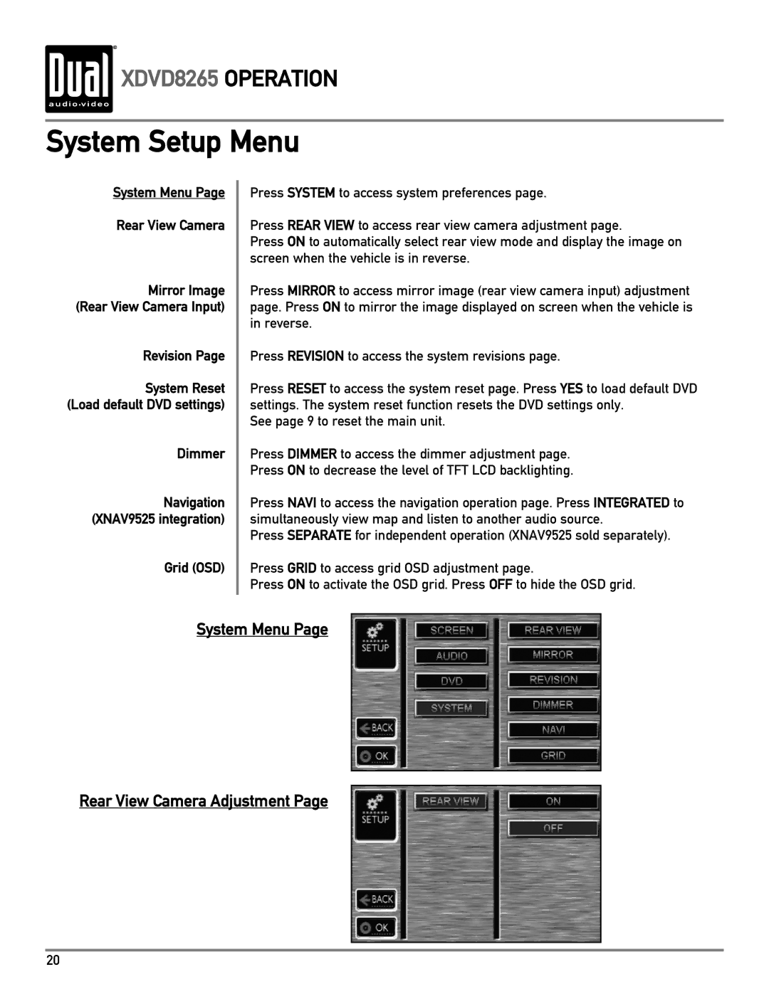 Dual XDVD8265 owner manual System Setup Menu, System Menu Rear View Camera, Revision, Dimmer, Grid OSD 