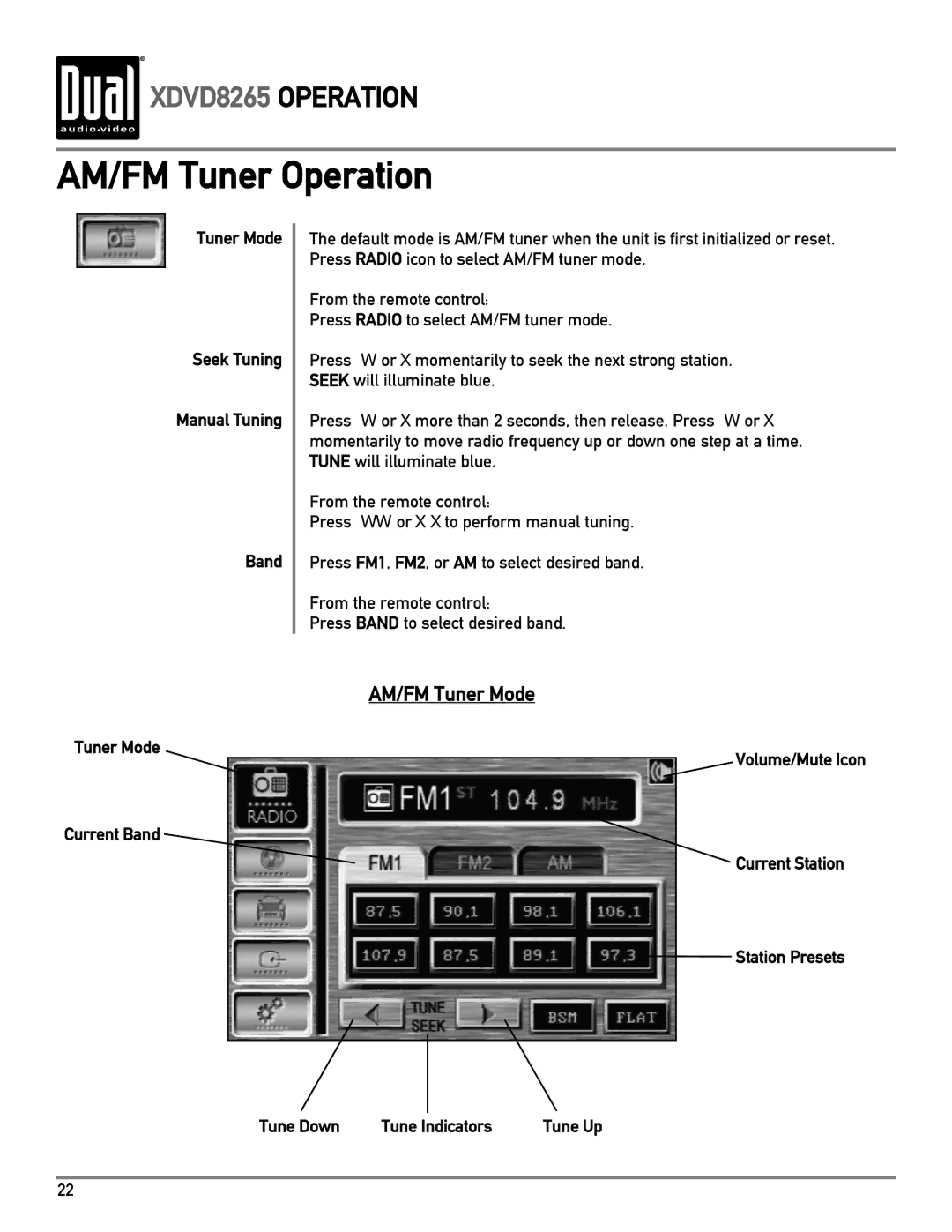 Dual XDVD8265 owner manual AM/FM Tuner Operation, Tuner Mode Seek Tuning Manual Tuning Band, Tuner Mode Current Band 