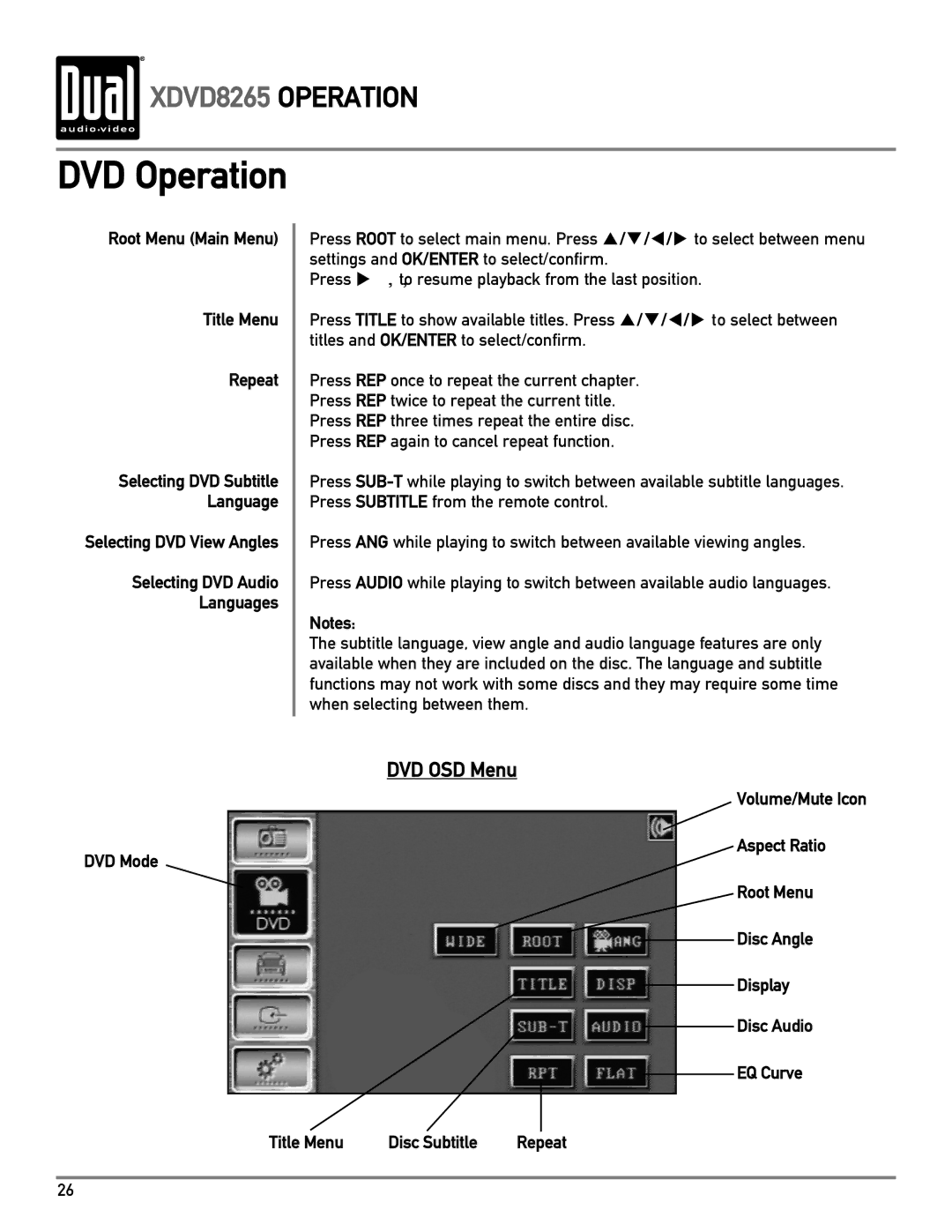 Dual XDVD8265 owner manual DVD Operation, DVD Mode 