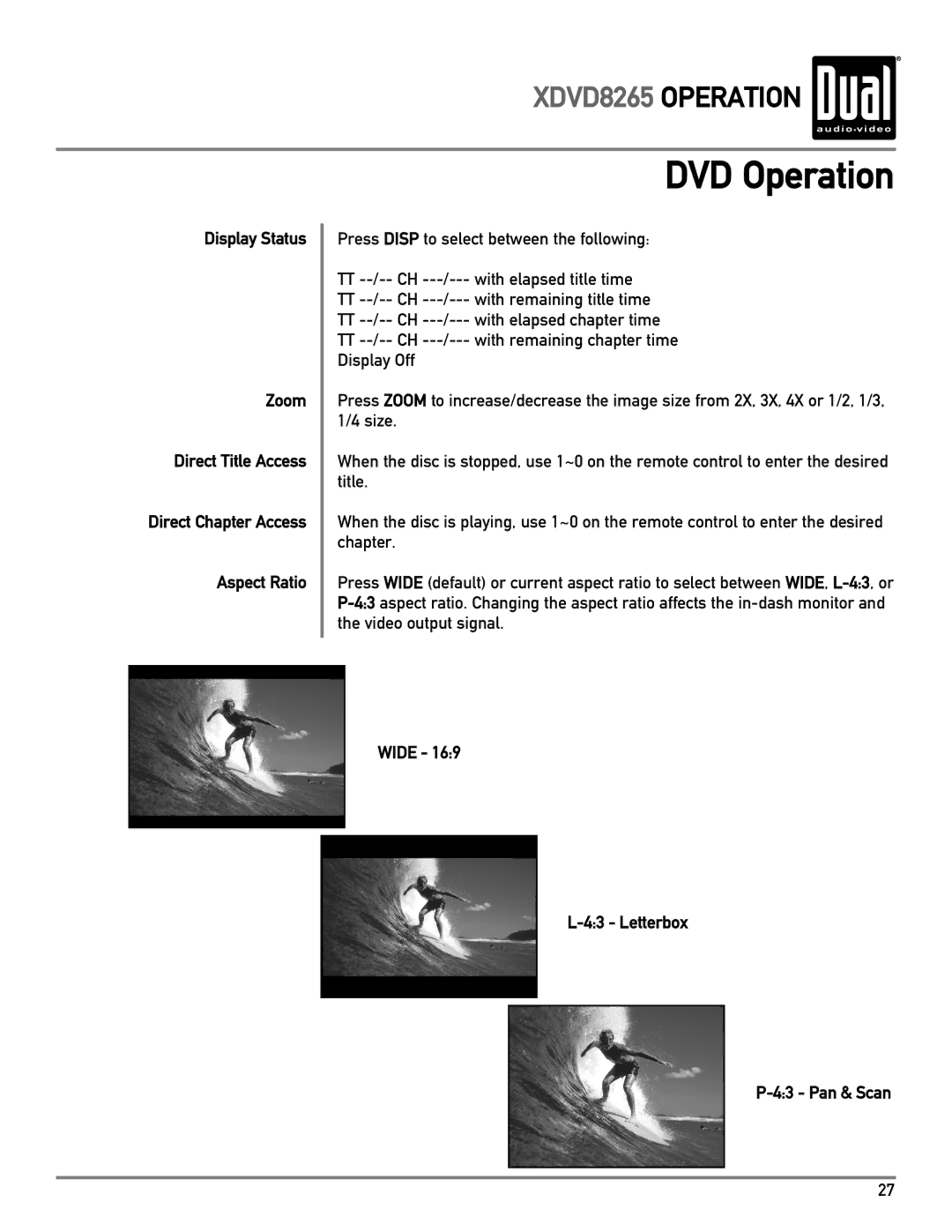 Dual XDVD8265 owner manual DVD Operation, Wide Letterbox Pan & Scan 