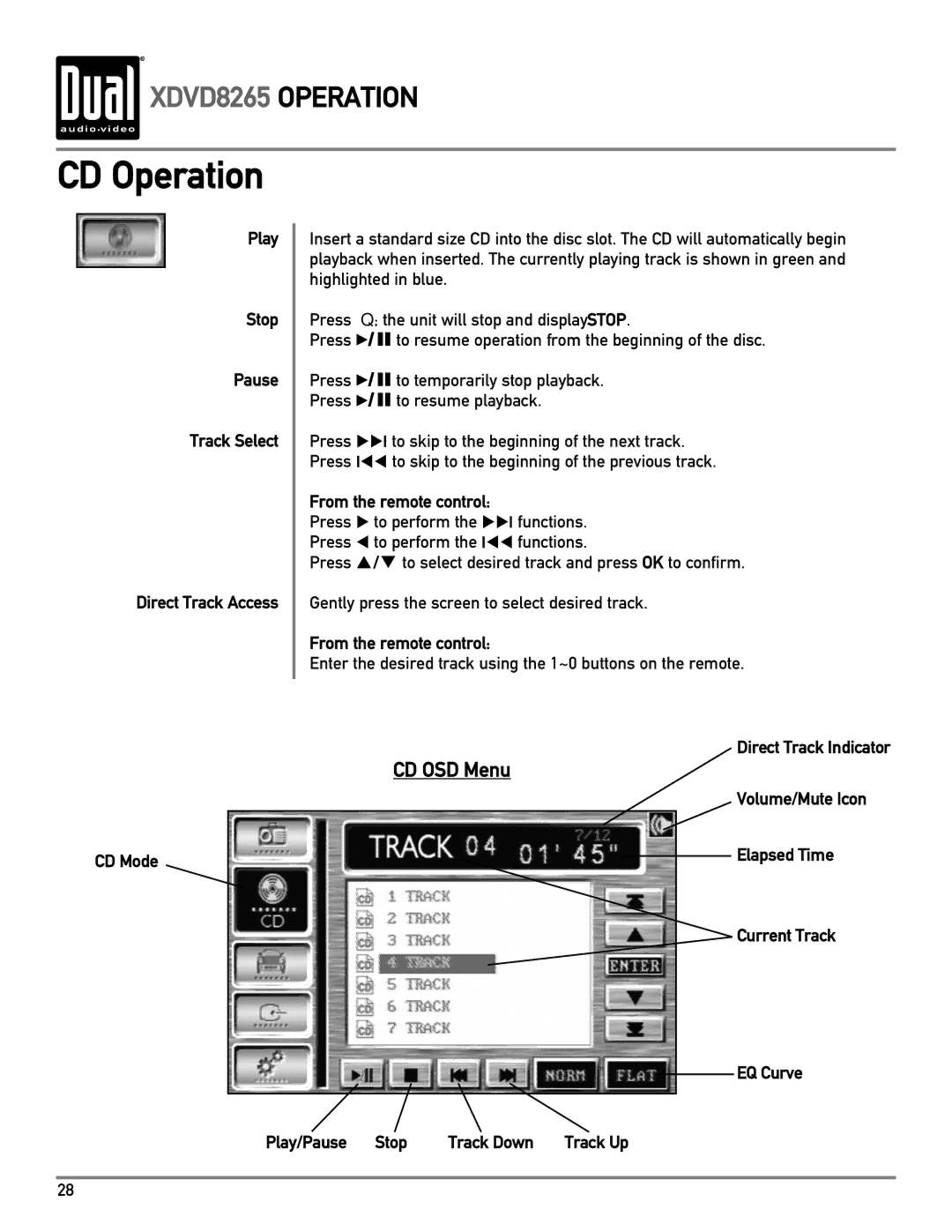 Dual XDVD8265 owner manual CD Operation, Play Stop Pause Track Select Direct Track Access CD Mode, From the remote control 