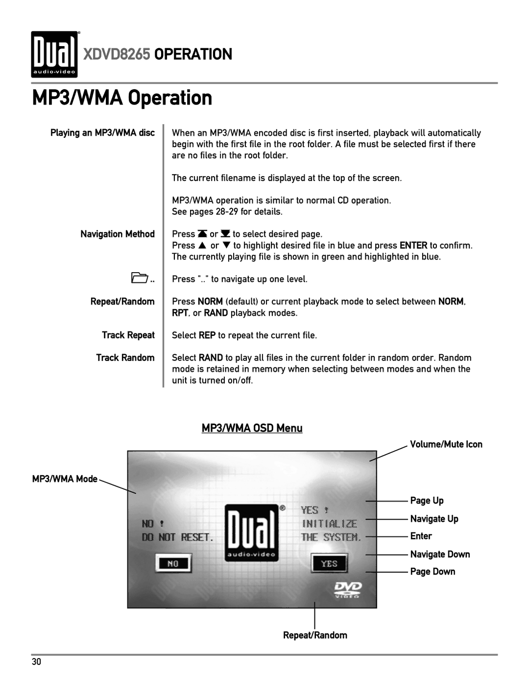 Dual XDVD8265 owner manual MP3/WMA Operation 