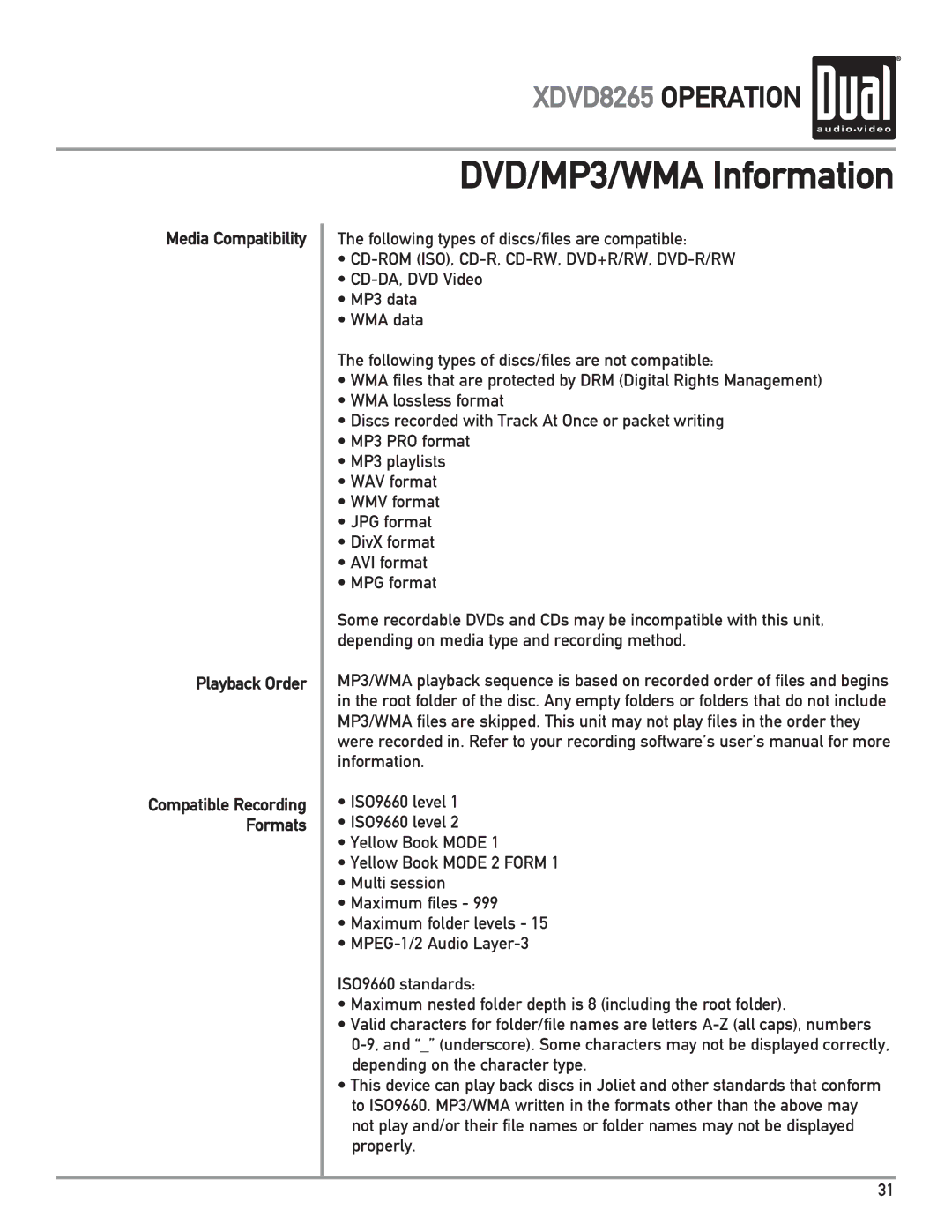 Dual XDVD8265 owner manual DVD/MP3/WMA Information, Media Compatibility Playback Order 