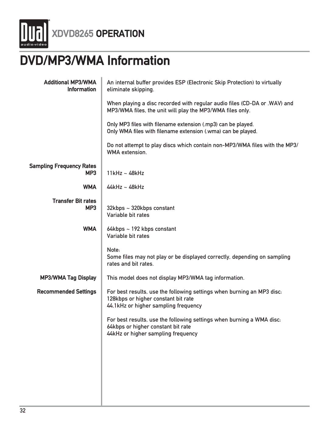 Dual XDVD8265 owner manual Transfer Bit rates, MP3/WMA Tag Display Recommended Settings 