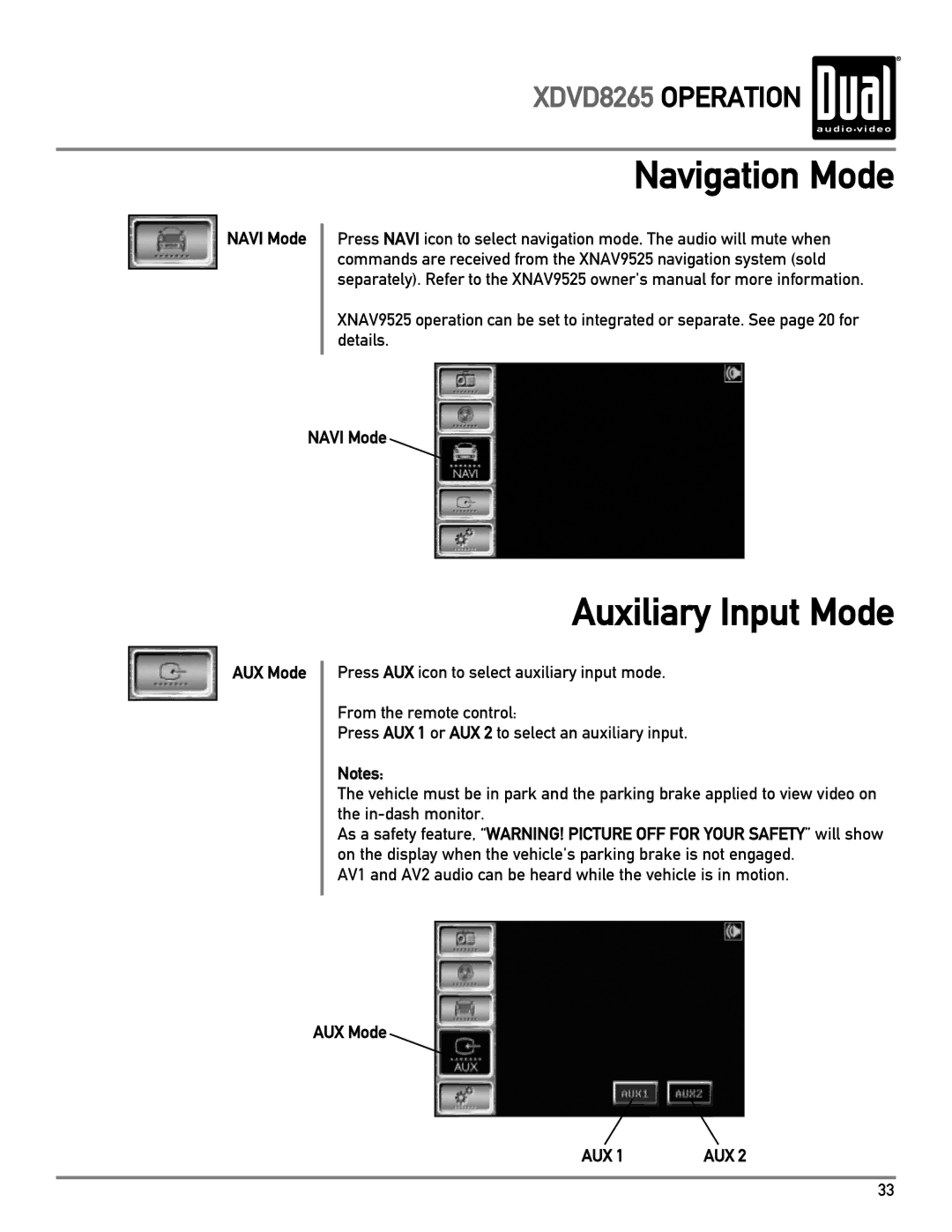 Dual XDVD8265 owner manual Navigation Mode, Auxiliary Input Mode, Navi Mode, AUX Mode 