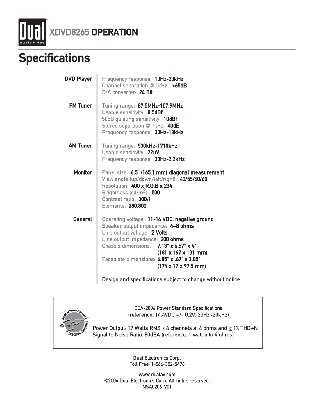 Dual XDVD8265 owner manual Specifications 