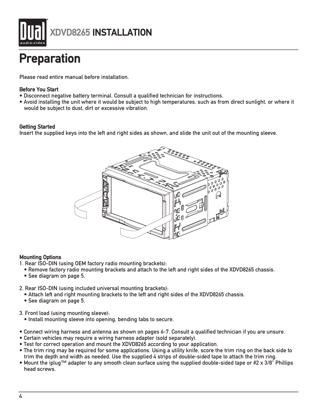 Dual XDVD8265 owner manual Preparation, Before You Start, Getting Started, Mounting Options 