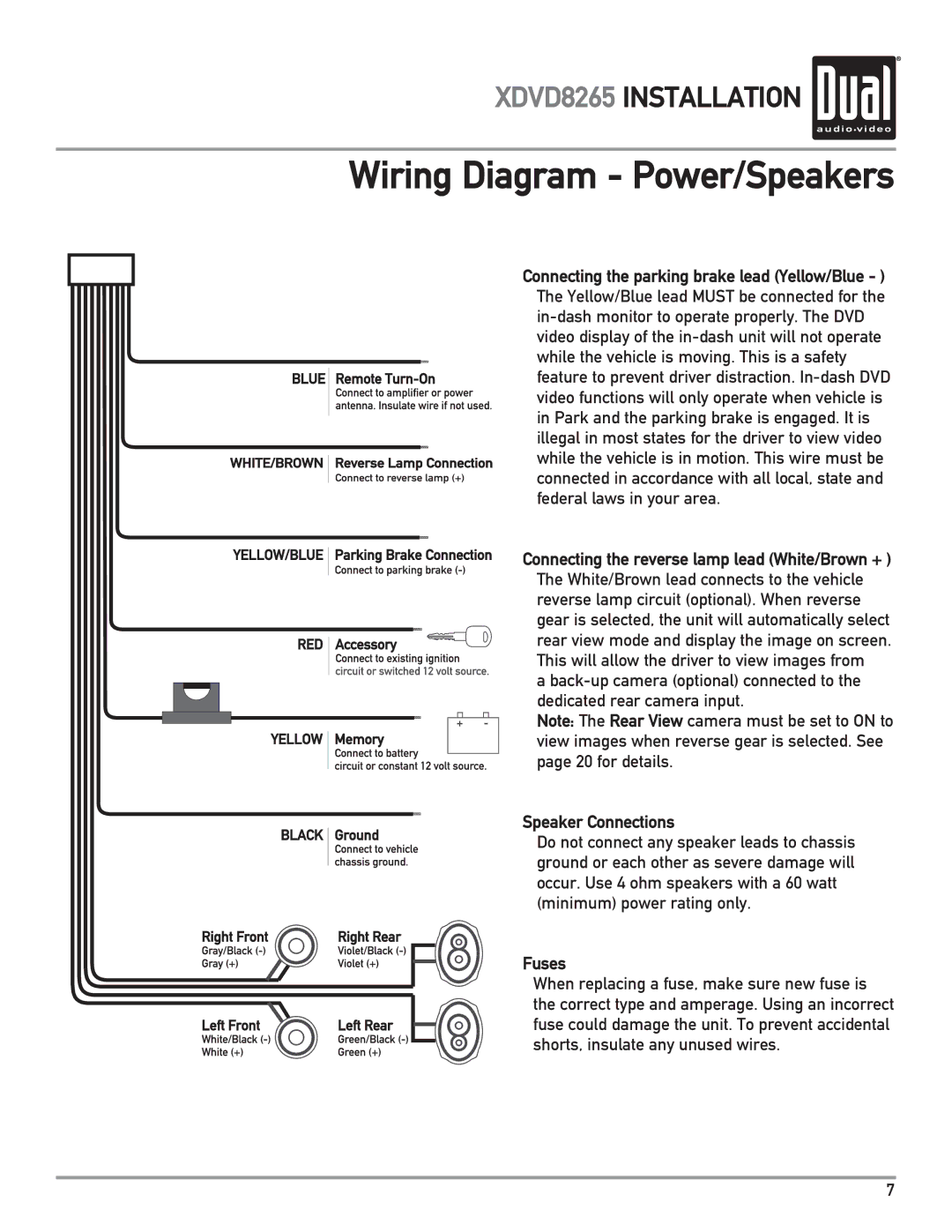 Dual XDVD8265 owner manual Wiring Diagram Power/Speakers, Speaker Connections, Fuses 