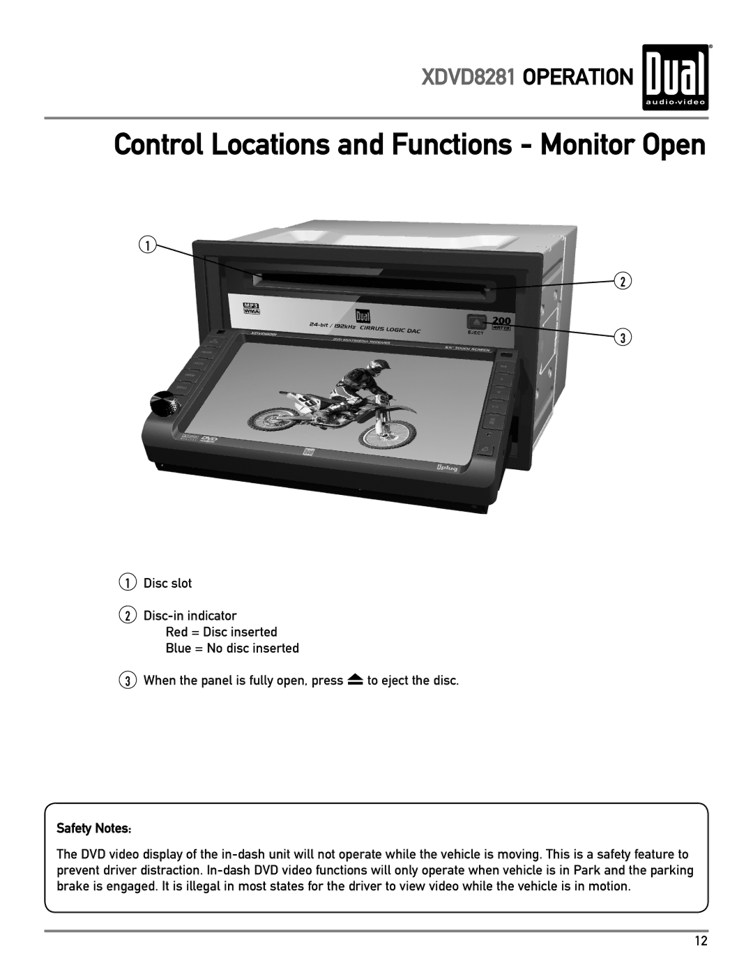 Dual XDVD8281 owner manual Control Locations and Functions Monitor Open 