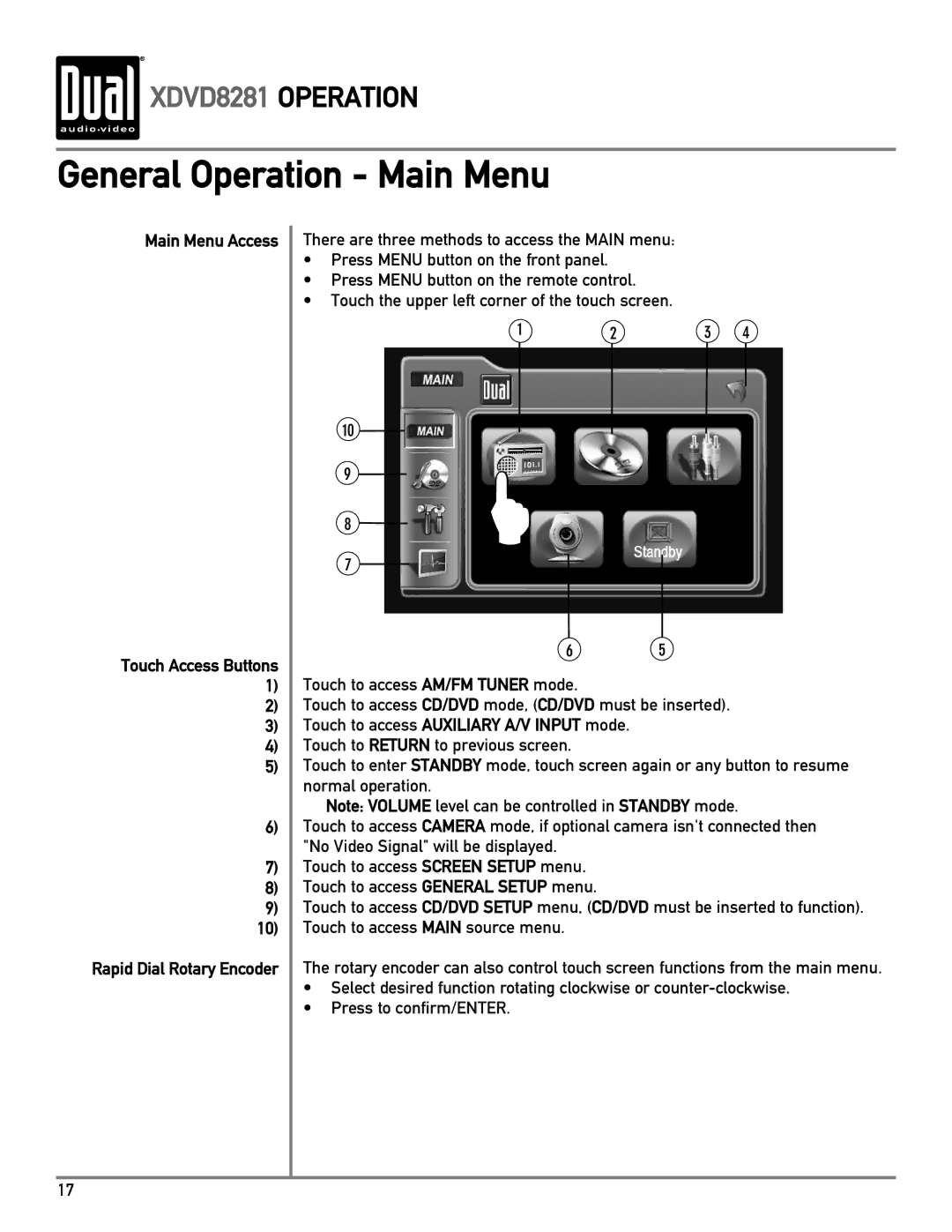 Dual XDVD8281 owner manual General Operation Main Menu, Main Menu Access 