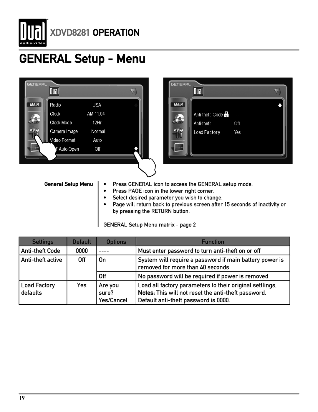 Dual XDVD8281 owner manual Settings Default Options Function Anti-theft Code 