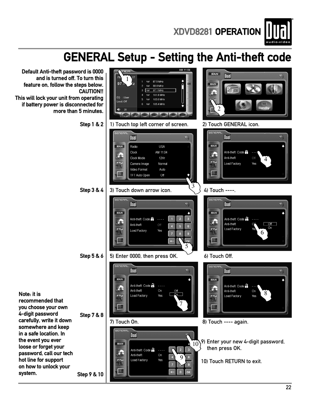 Dual XDVD8281 owner manual Recommended that You choose your own Digit password, Hot line for support, System 