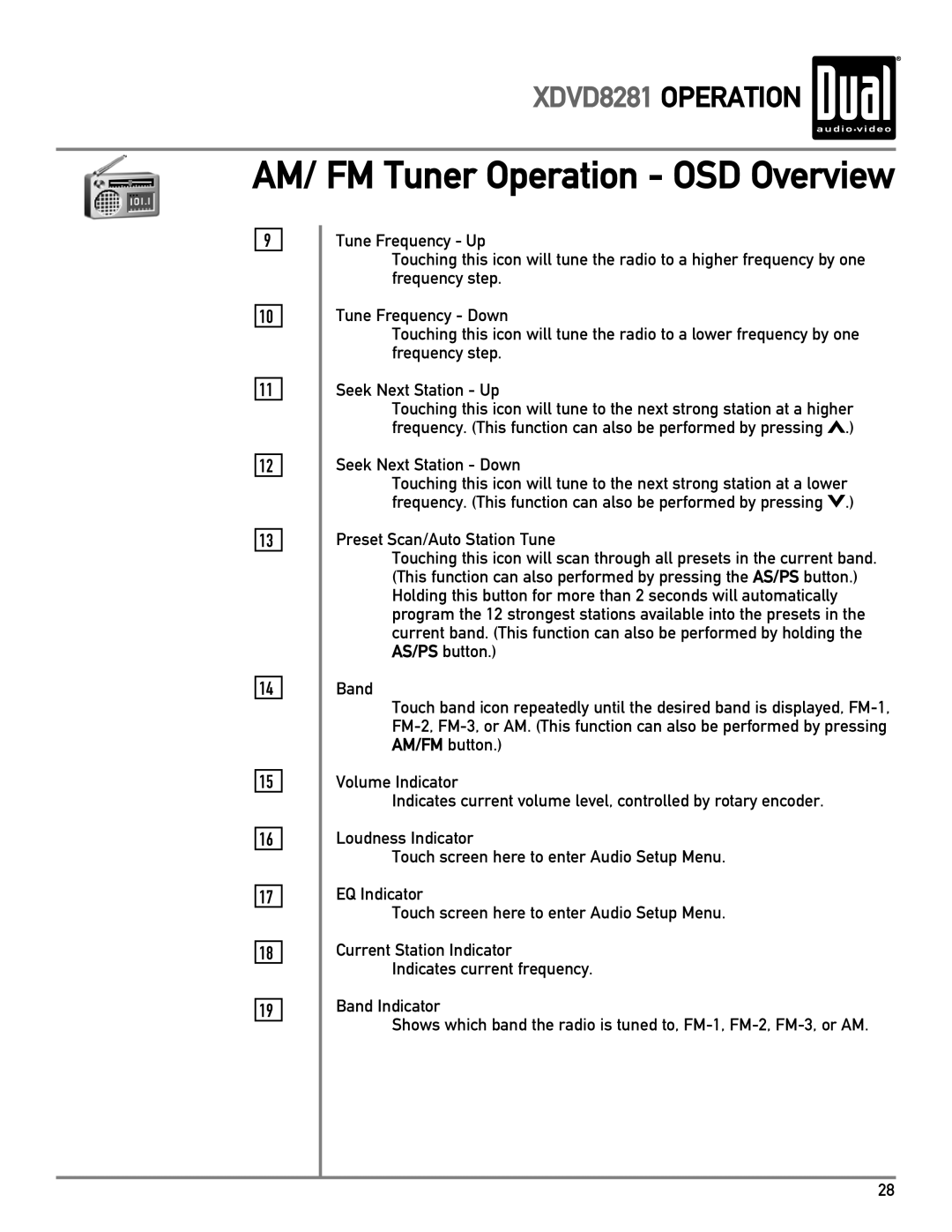 Dual XDVD8281 owner manual AM/ FM Tuner Operation OSD Overview, Seek Next Station Down 