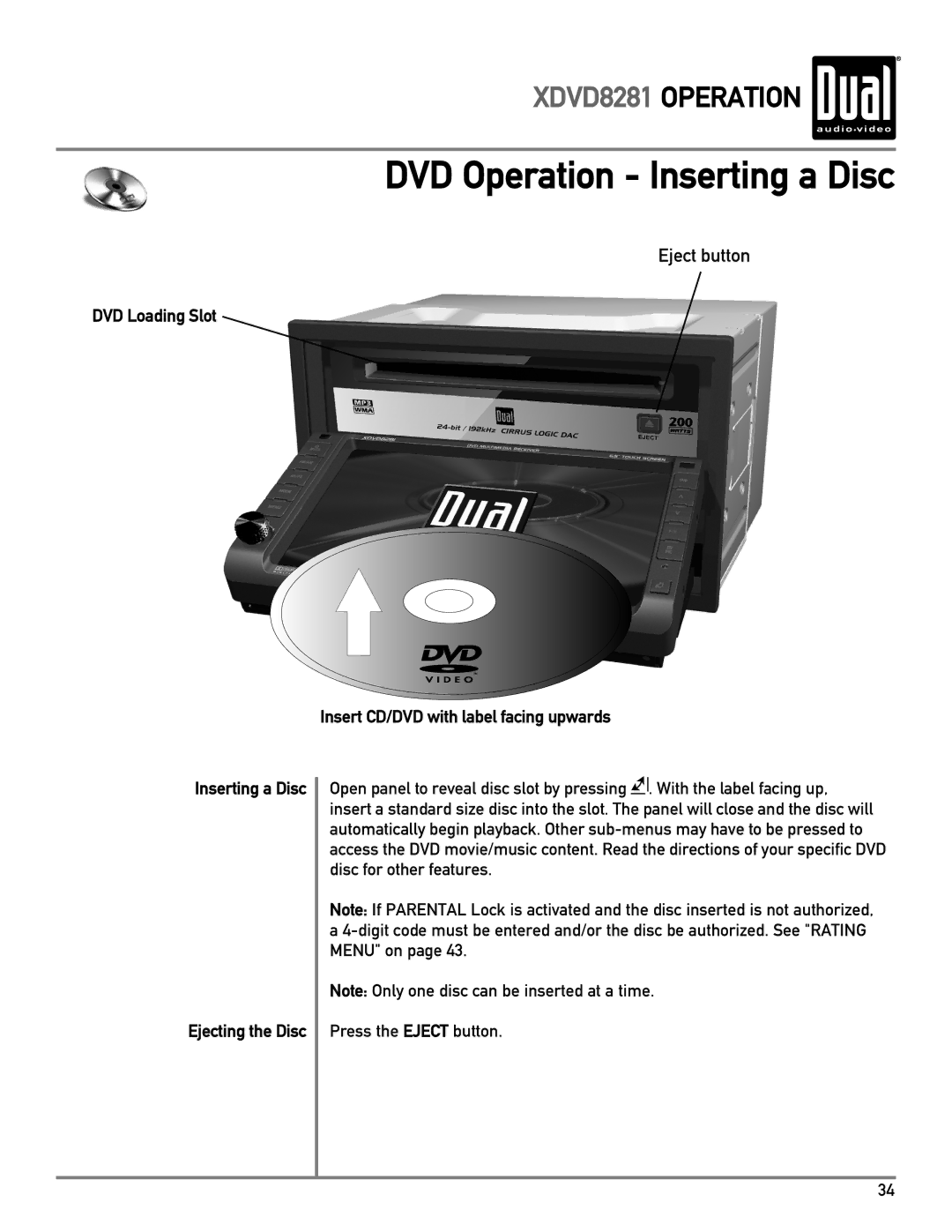 Dual XDVD8281 owner manual DVD Operation Inserting a Disc, Eject button 