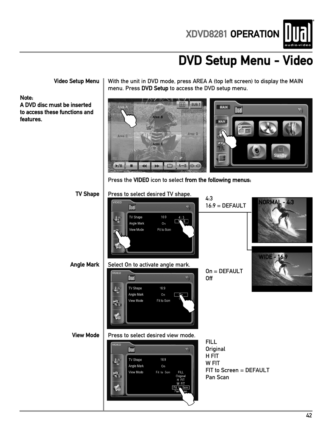 Dual XDVD8281 owner manual DVD Setup Menu Video, Normal Angle Mark, Wide View Mode 