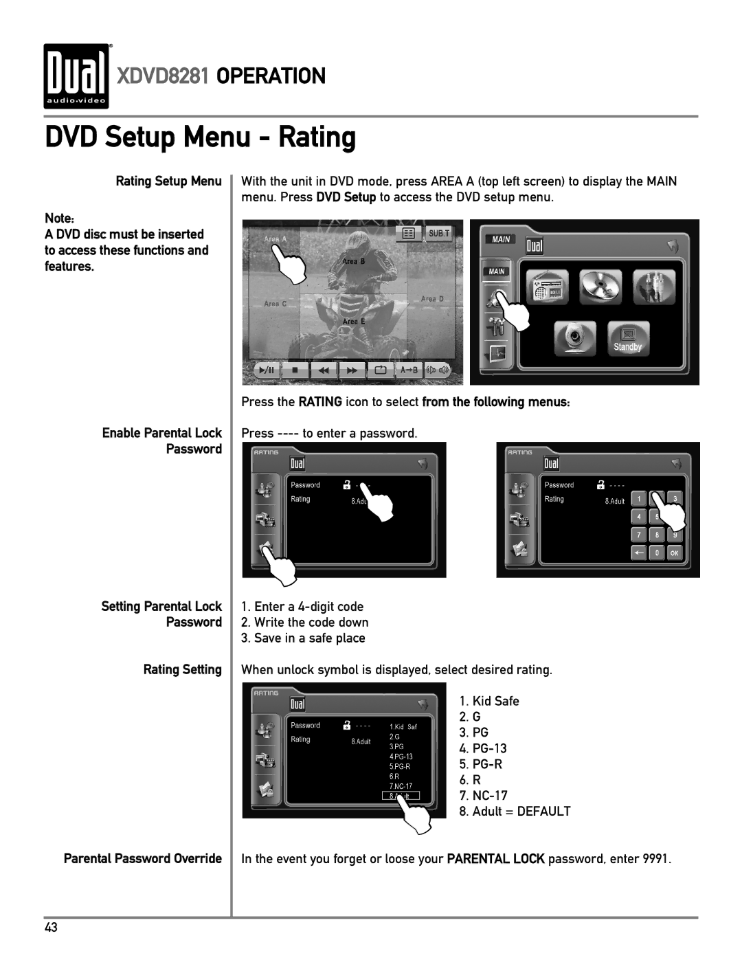 Dual XDVD8281 owner manual DVD Setup Menu Rating, Press the Rating icon to select from the following menus 