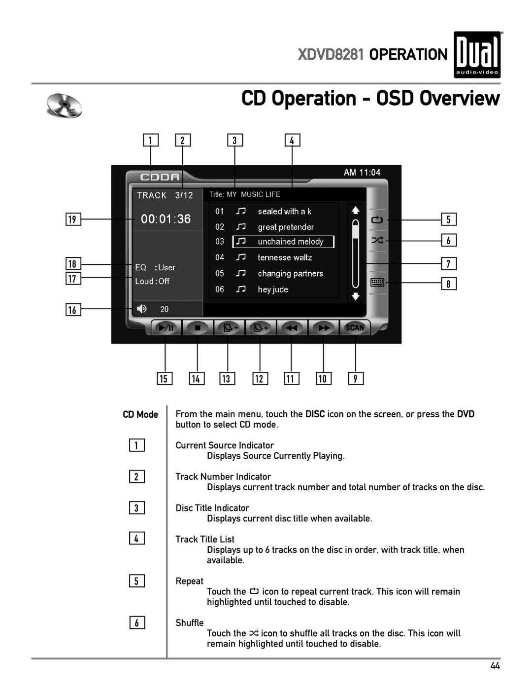 Dual XDVD8281 owner manual CD Operation OSD Overview, CD Mode 