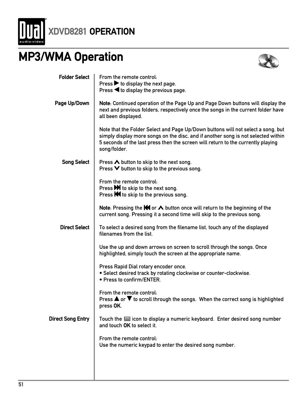 Dual XDVD8281 owner manual MP3/WMA Operation 