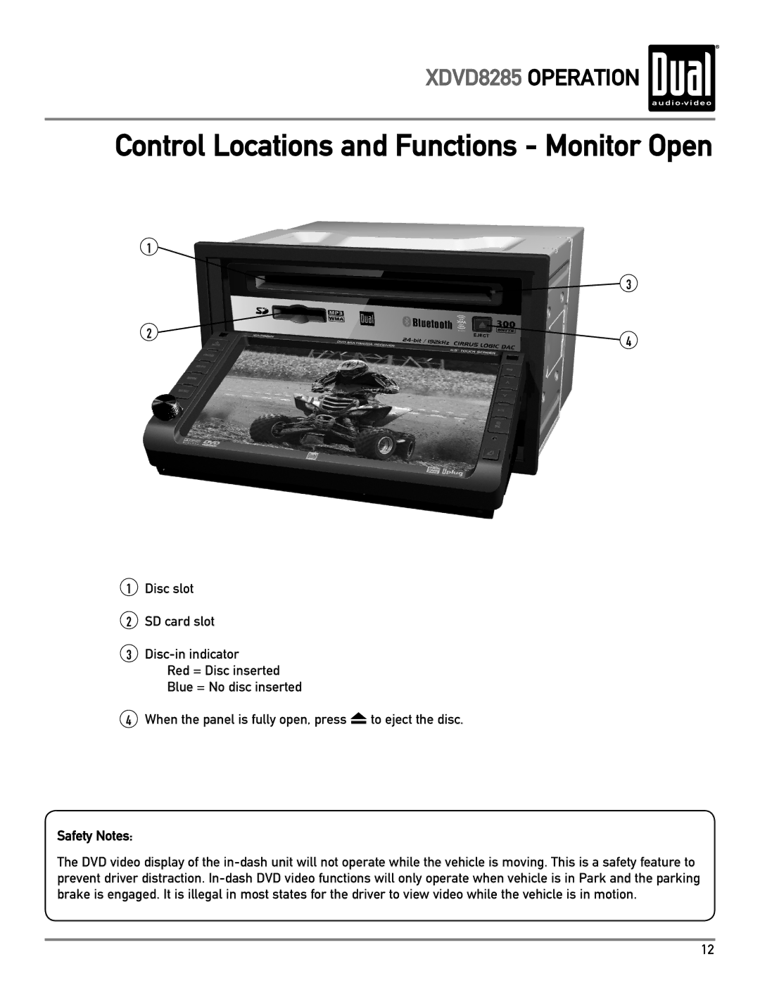 Dual XDVD8285 owner manual Control Locations and Functions Monitor Open 