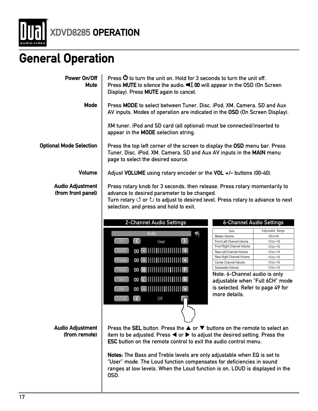 Dual XDVD8285 owner manual General Operation, Power On/Off Mute Mode 