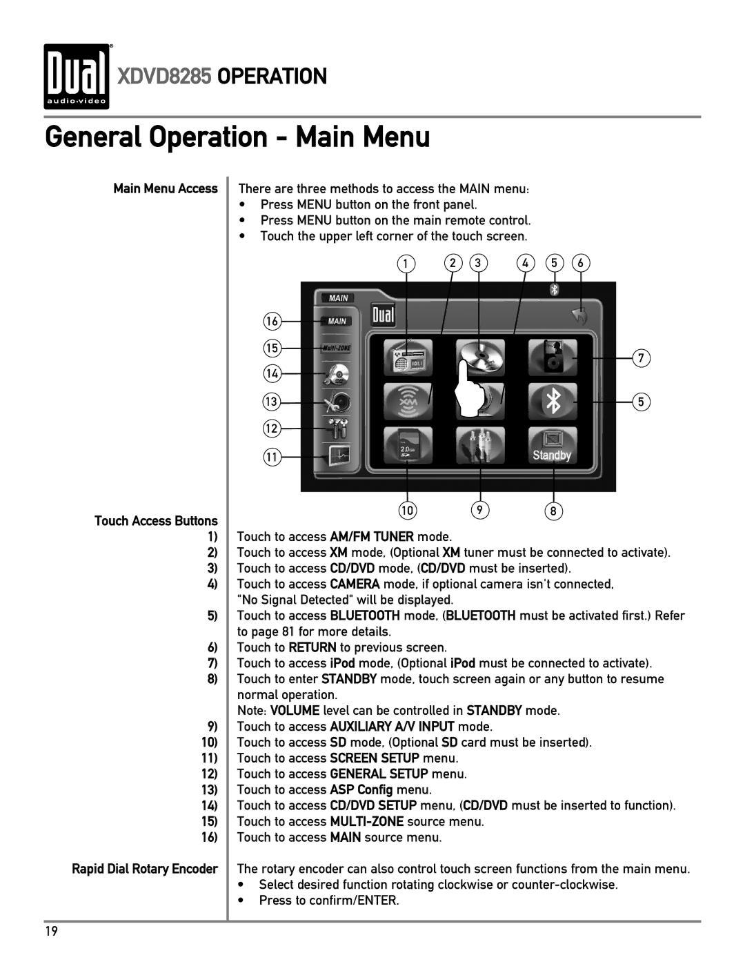 Dual XDVD8285 owner manual General Operation Main Menu, Main Menu Access 