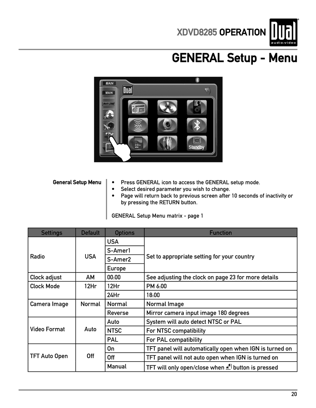 Dual XDVD8285 owner manual General Setup Menu 