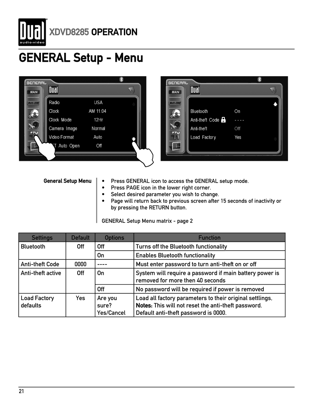 Dual XDVD8285 owner manual Settings Default Options Function Bluetooth 