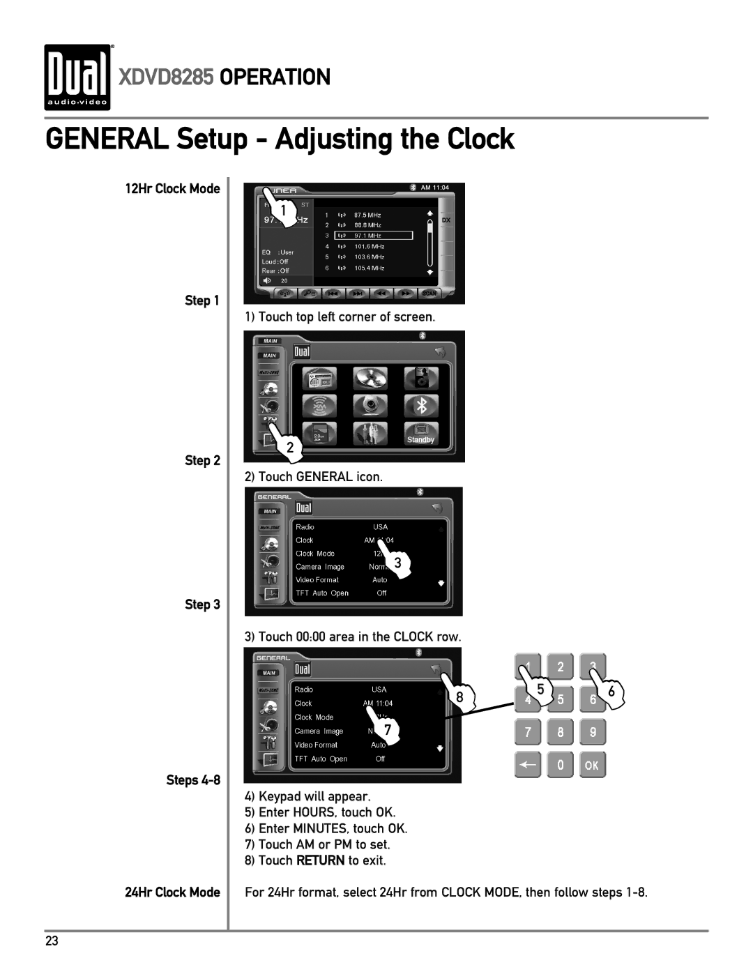 Dual XDVD8285 owner manual General Setup Adjusting the Clock, 12Hr Clock Mode Step Steps 24Hr Clock Mode 