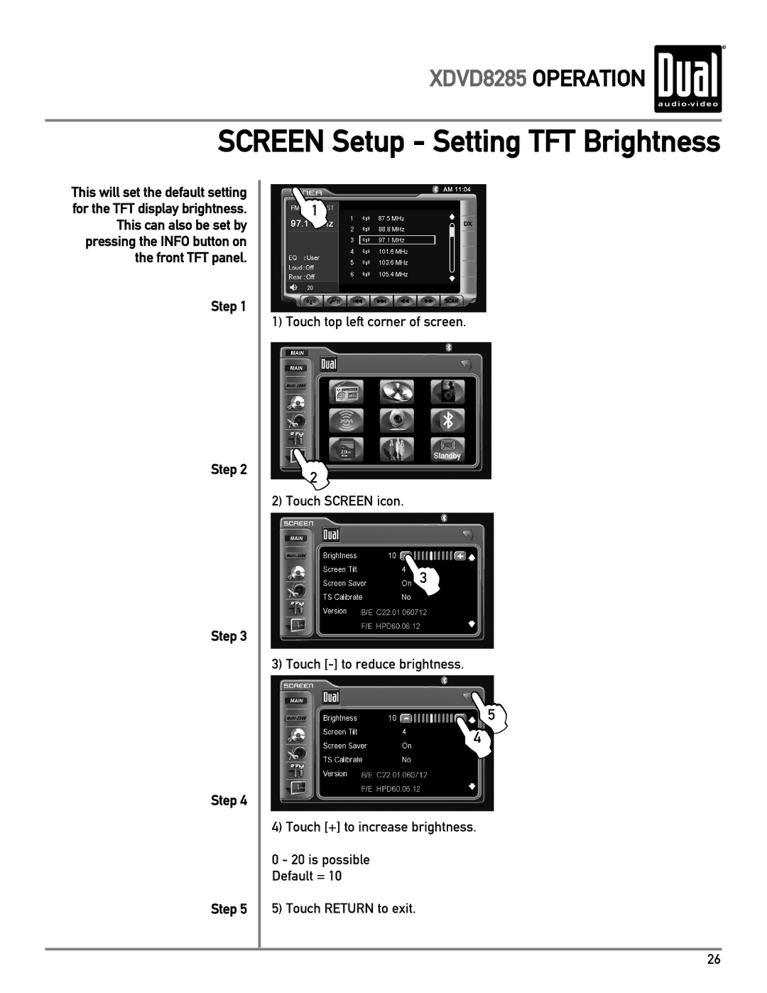 Dual XDVD8285 owner manual Screen Setup Setting TFT Brightness 