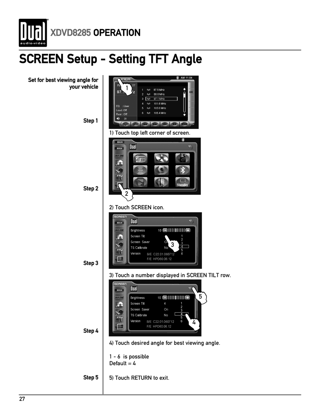 Dual XDVD8285 owner manual Screen Setup Setting TFT Angle 