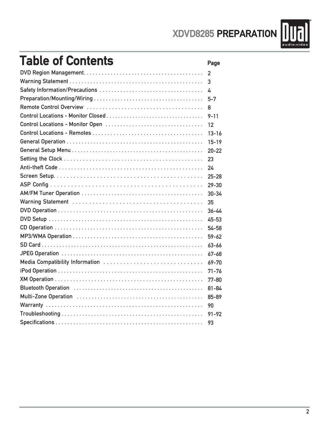 Dual XDVD8285 owner manual Table of Contents 