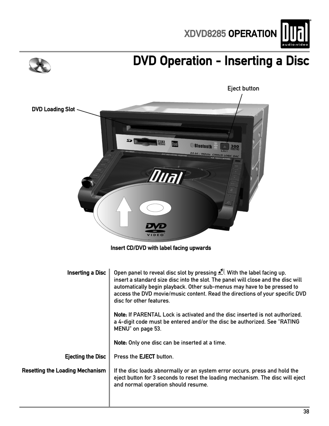 Dual XDVD8285 owner manual DVD Operation Inserting a Disc, Eject button 