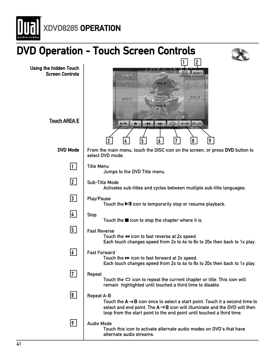 Dual XDVD8285 owner manual Touch Area E DVD Mode 