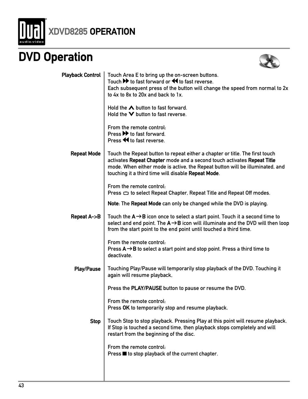 Dual XDVD8285 owner manual DVD Operation, Playback Control Repeat Mode Repeat A-B Play/Pause Stop 