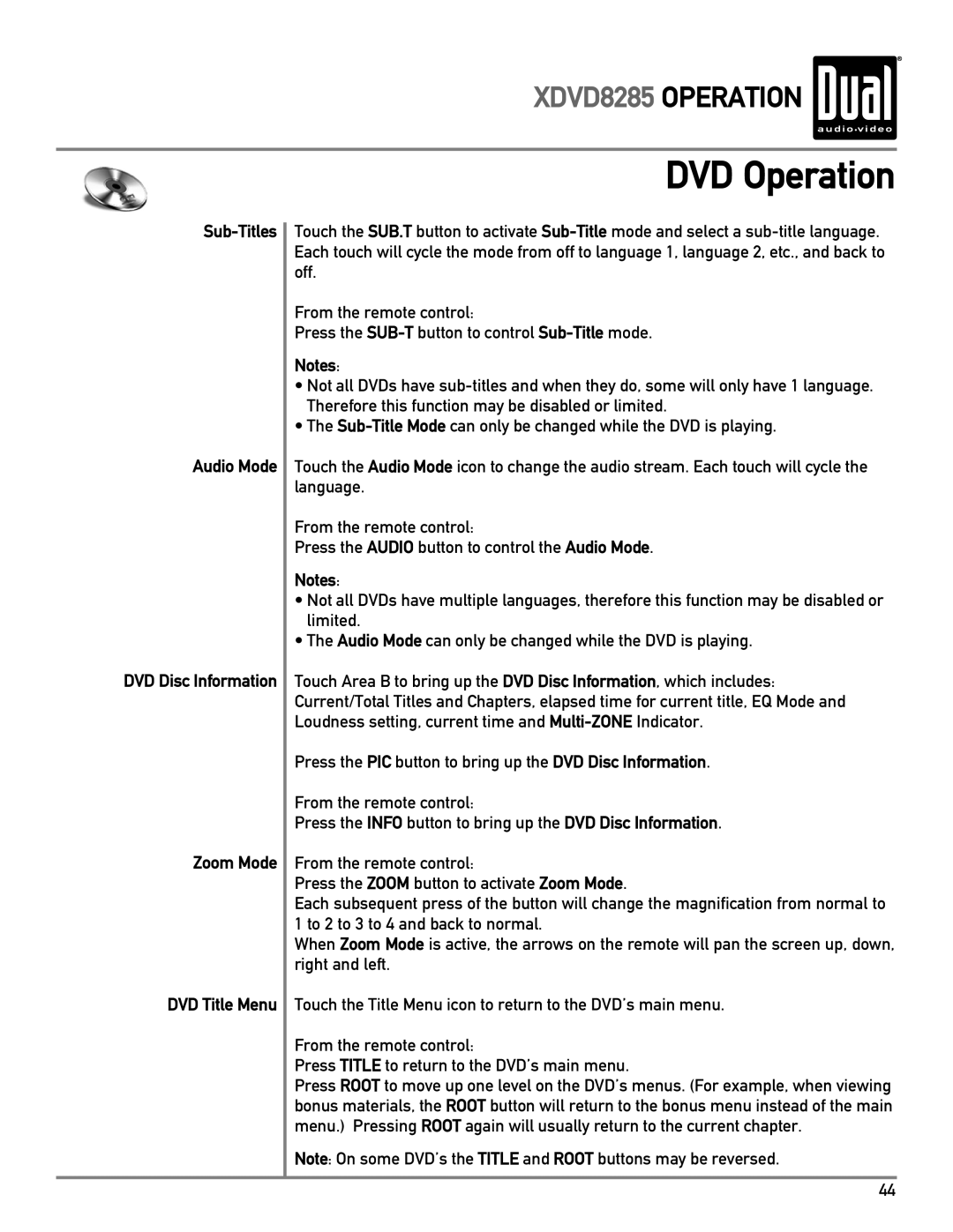 Dual XDVD8285 owner manual Sub-Titles Audio Mode, Zoom Mode 