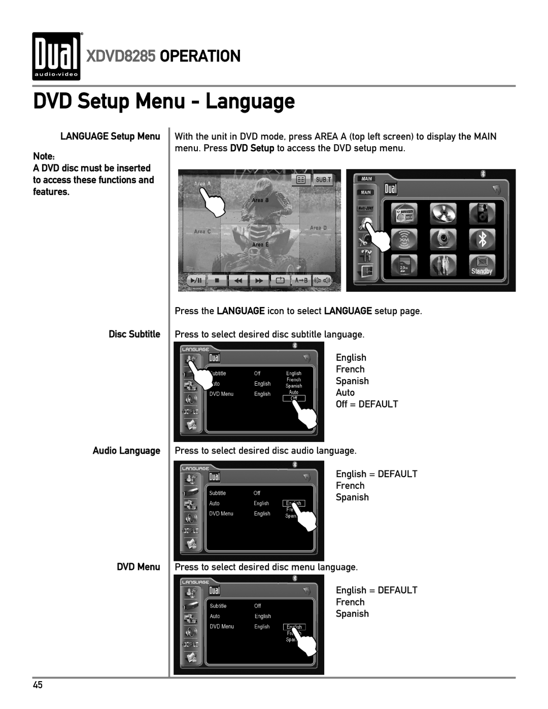 Dual XDVD8285 owner manual DVD Setup Menu Language 