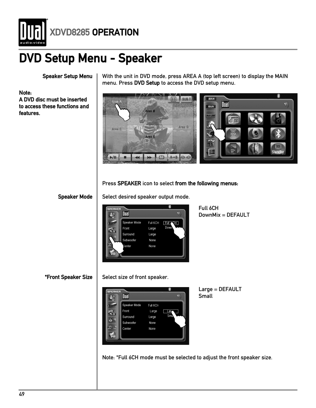 Dual XDVD8285 owner manual DVD Setup Menu Speaker, Press Speaker icon to select from the following menus 