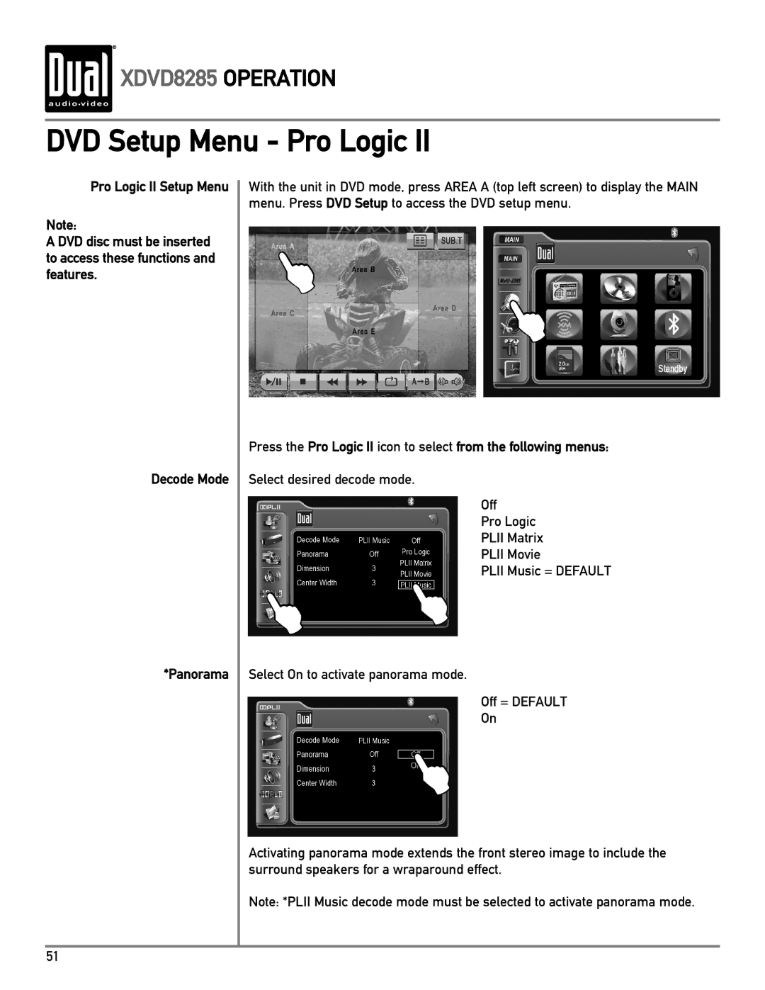 Dual XDVD8285 owner manual DVD Setup Menu Pro Logic 