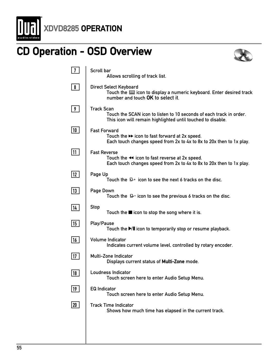 Dual XDVD8285 owner manual CD Operation OSD Overview 