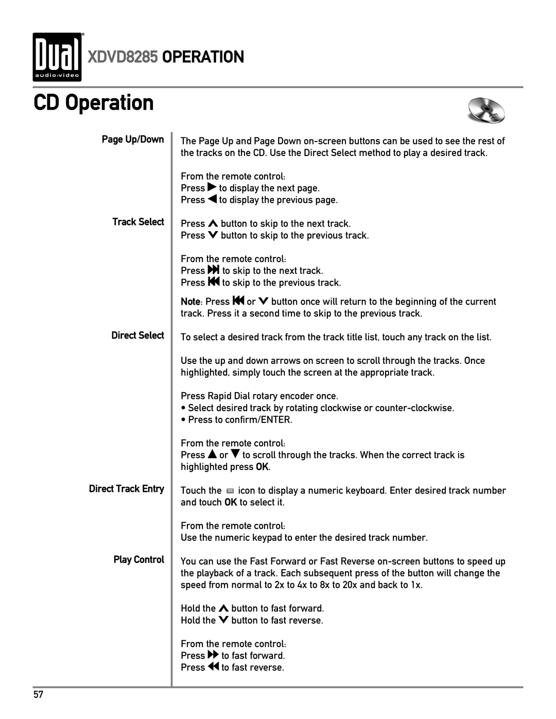 Dual XDVD8285 owner manual CD Operation 