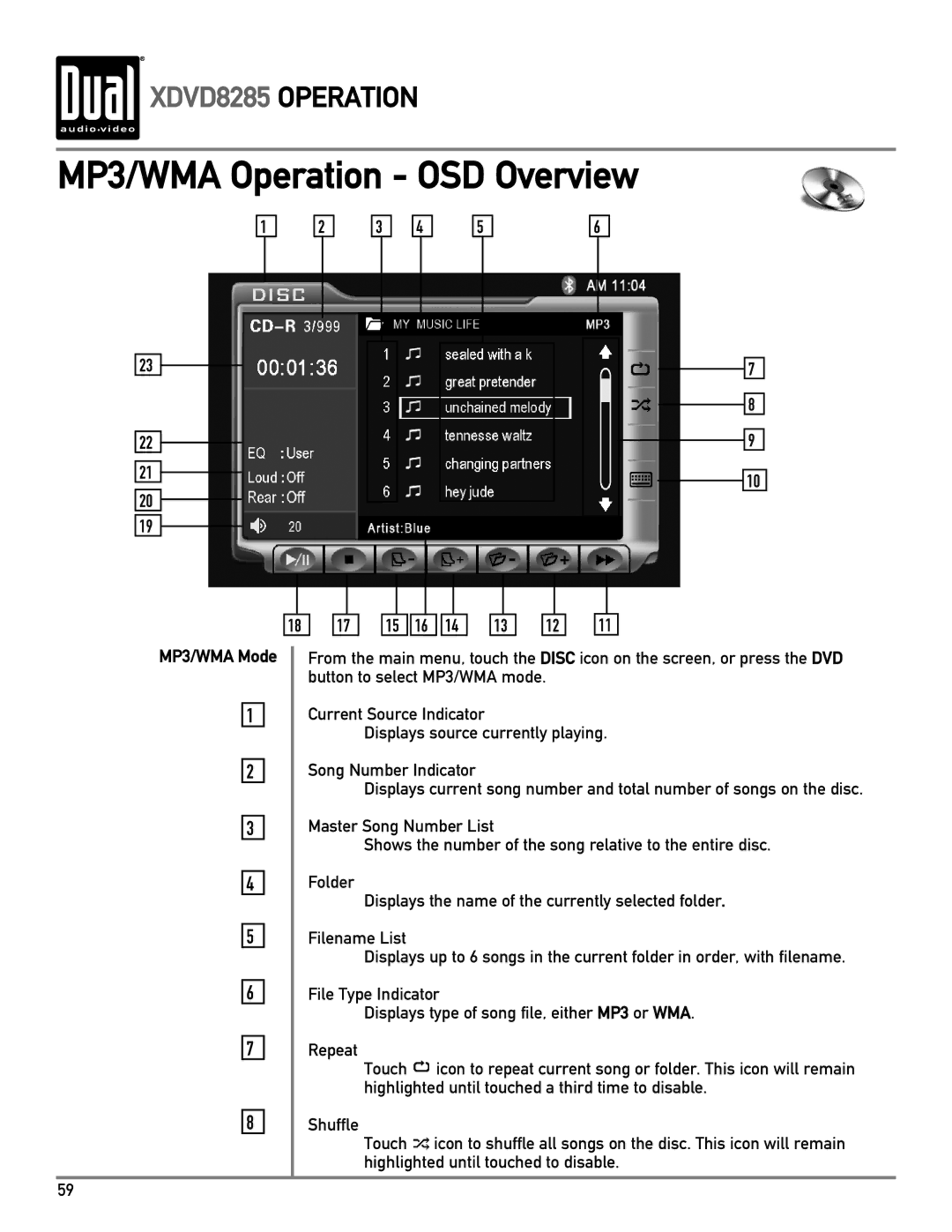 Dual XDVD8285 owner manual MP3/WMA Operation OSD Overview, MP3/WMA Mode 