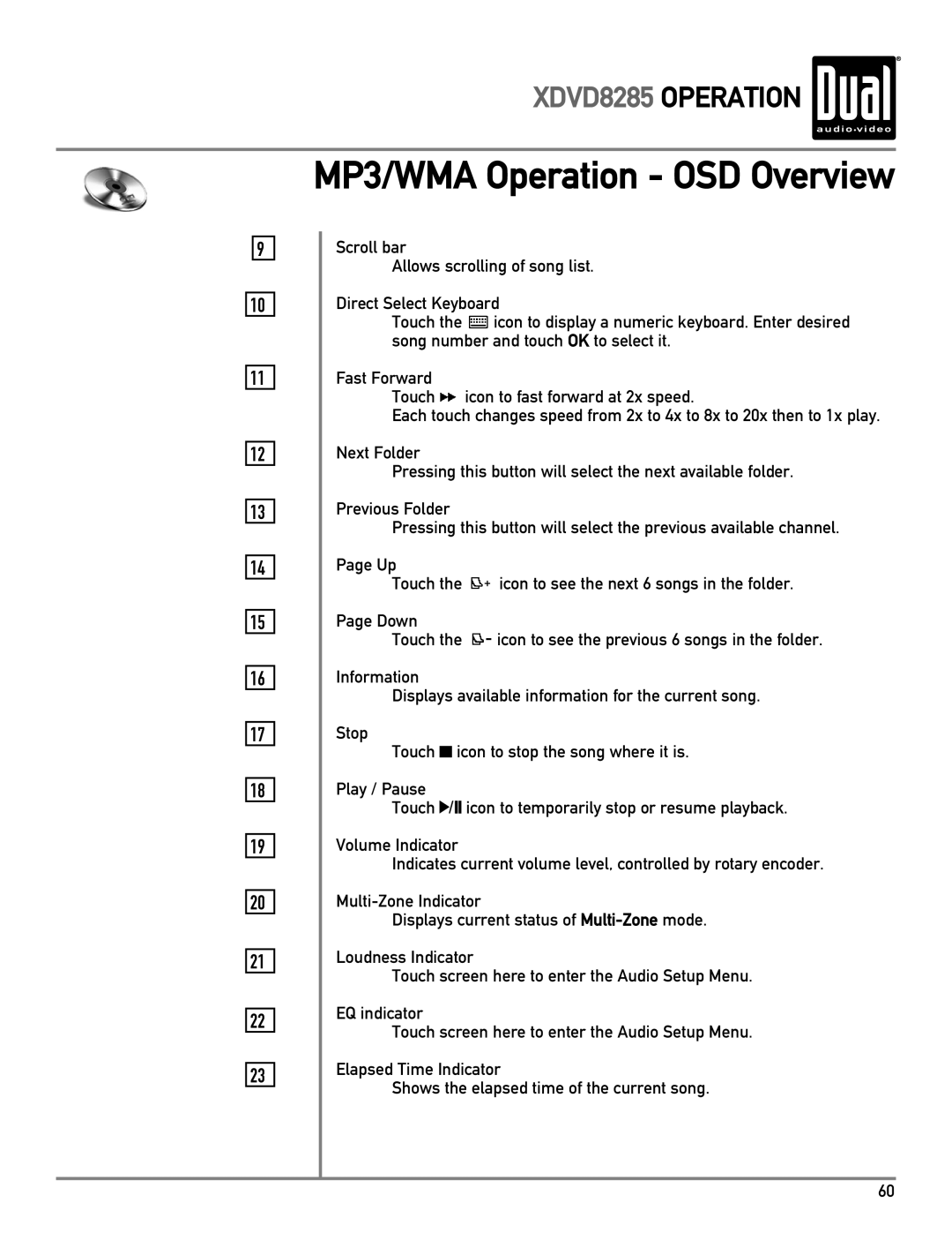 Dual XDVD8285 owner manual MP3/WMA Operation OSD Overview 