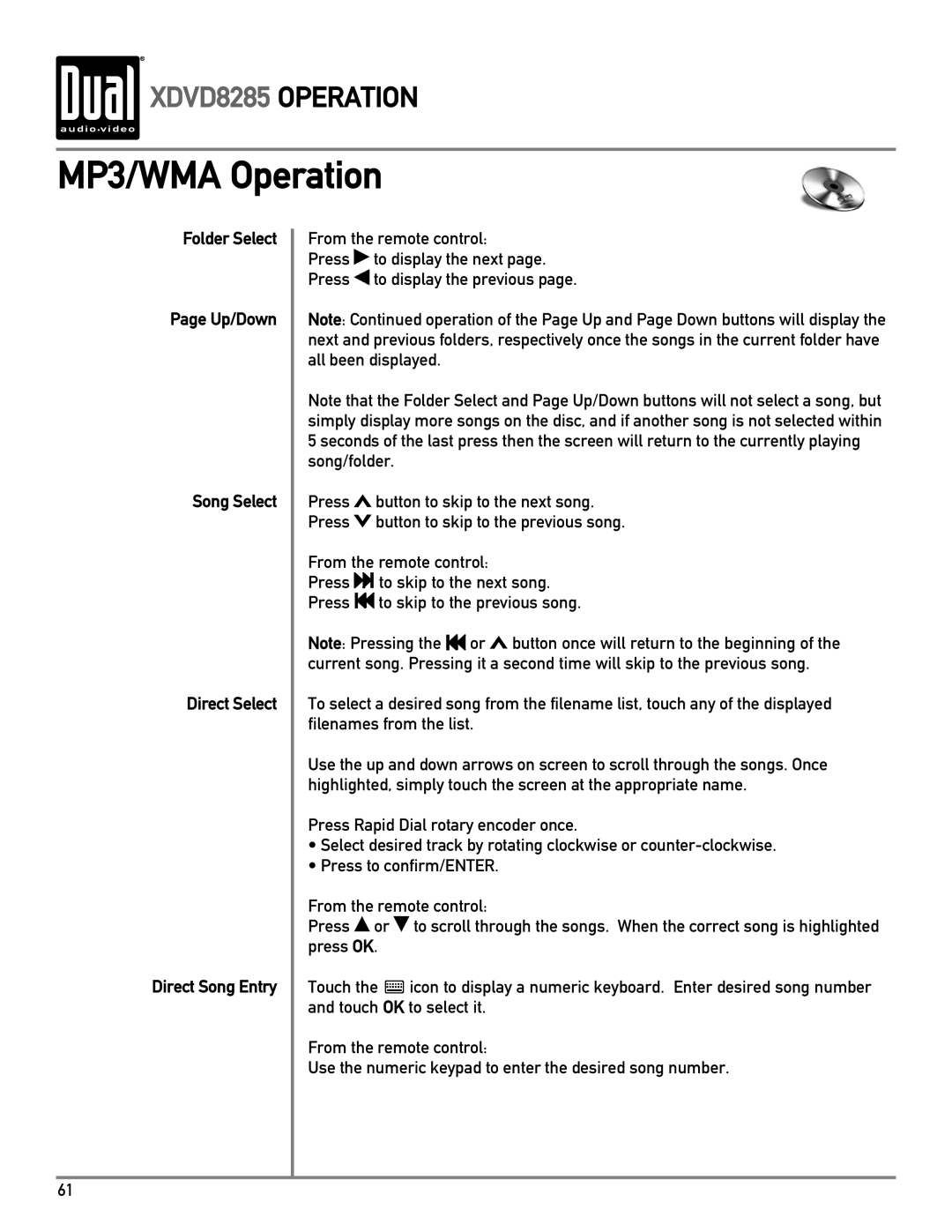 Dual XDVD8285 owner manual MP3/WMA Operation 