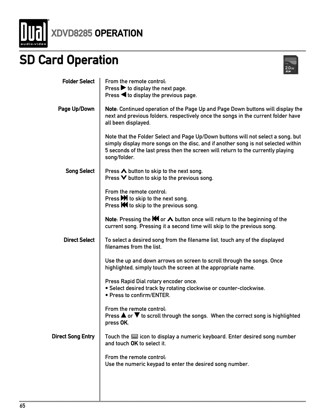 Dual XDVD8285 owner manual SD Card Operation 