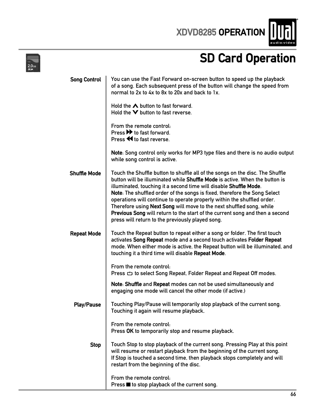 Dual XDVD8285 owner manual Song Control Shuffle Mode Repeat Mode Play/Pause Stop 