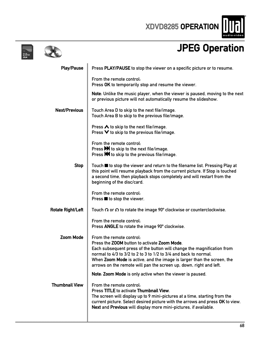 Dual XDVD8285 owner manual Jpeg Operation, Press Title to activate Thumbnail View 