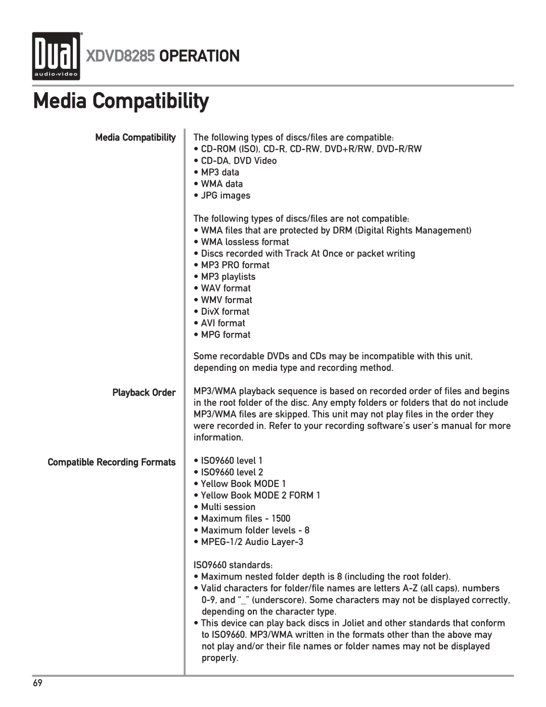 Dual XDVD8285 owner manual Media Compatibility Playback Order 